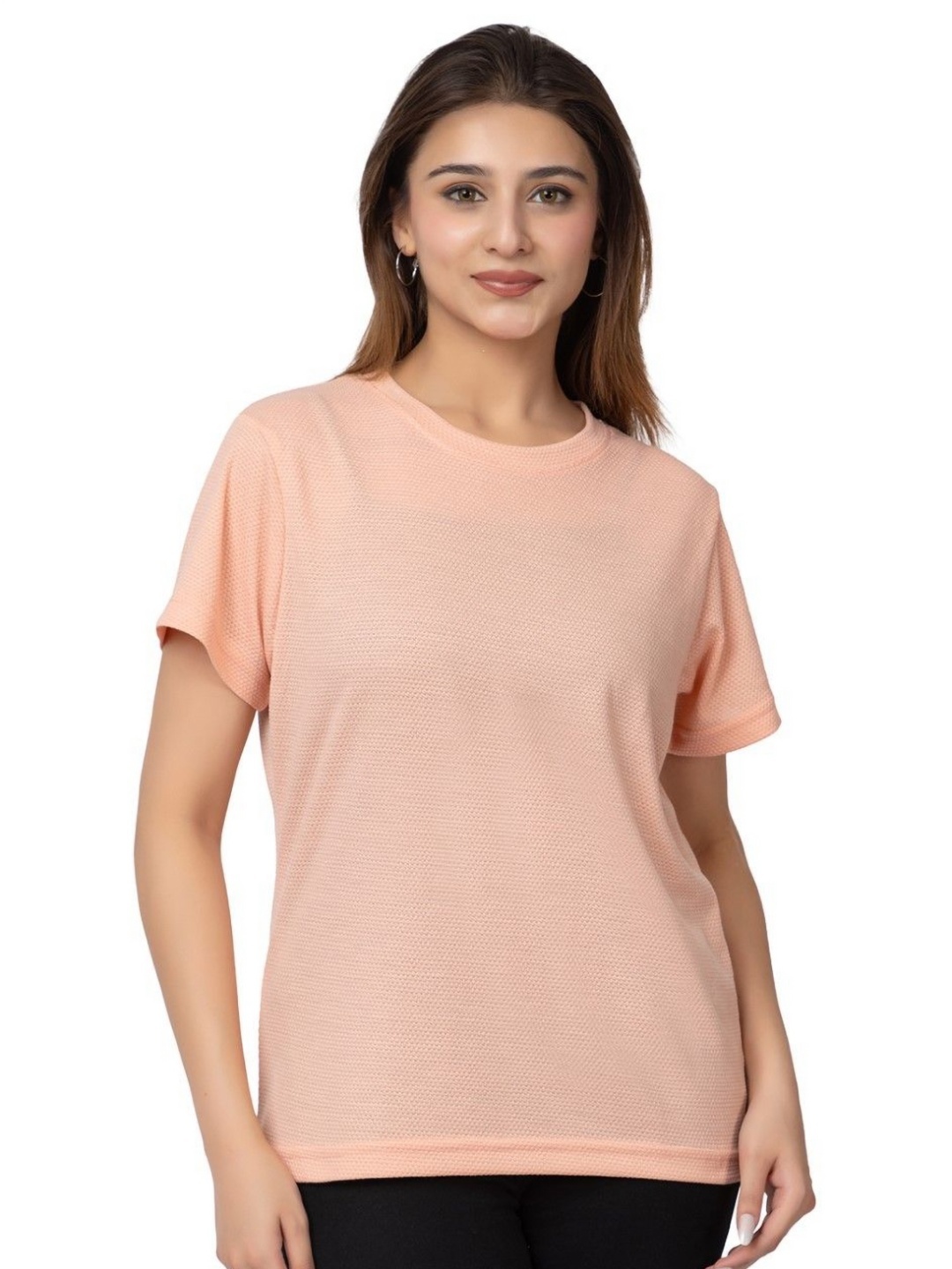 

HILFIRE REGION Women Self Design Round Neck Cotton T-shirt, Peach