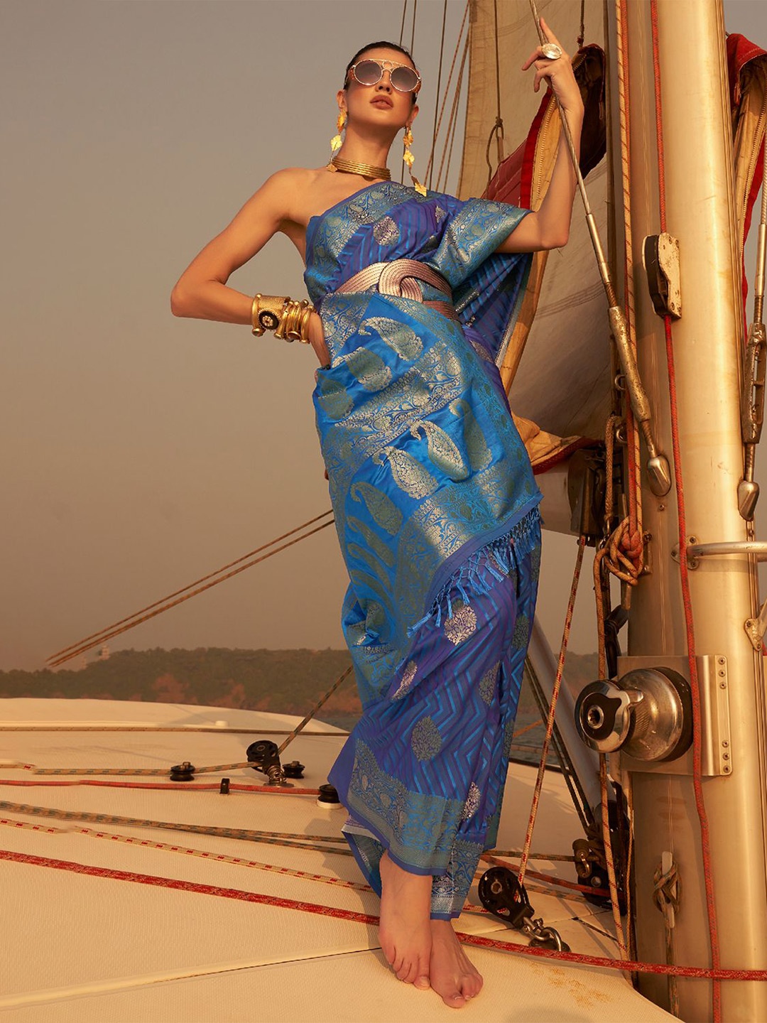 

NITARAA Woven Design Zari Satin Saree, Blue