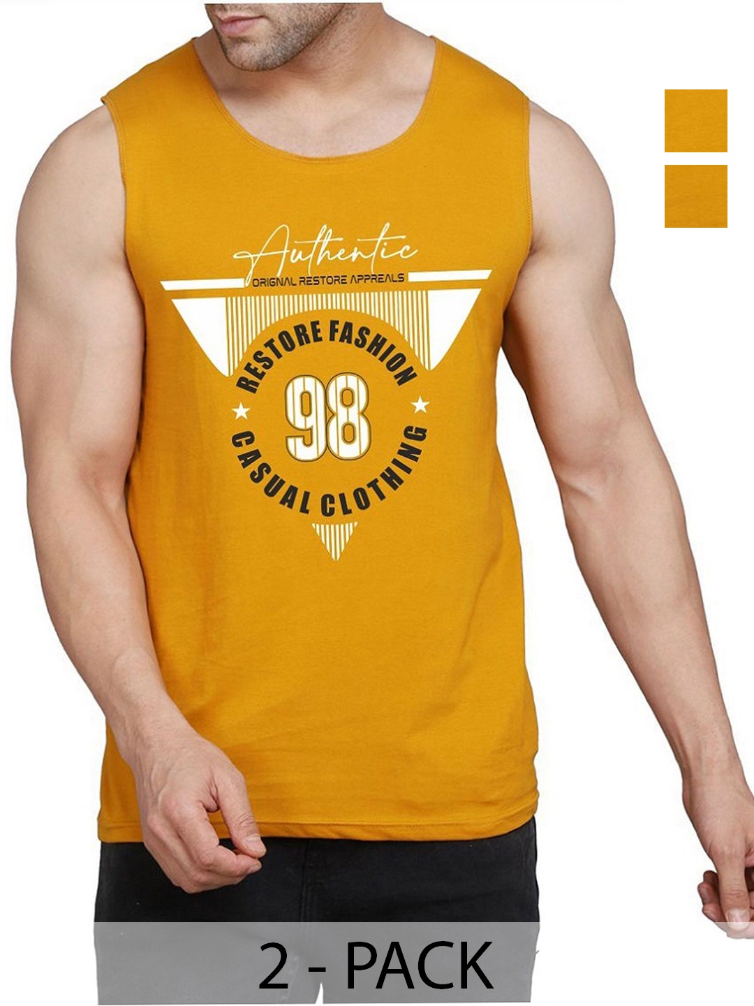 

WOOSTRO Men Pack Of 2 Typography Printed Round Neck Cotton Slim Fit T-shirts, Mustard