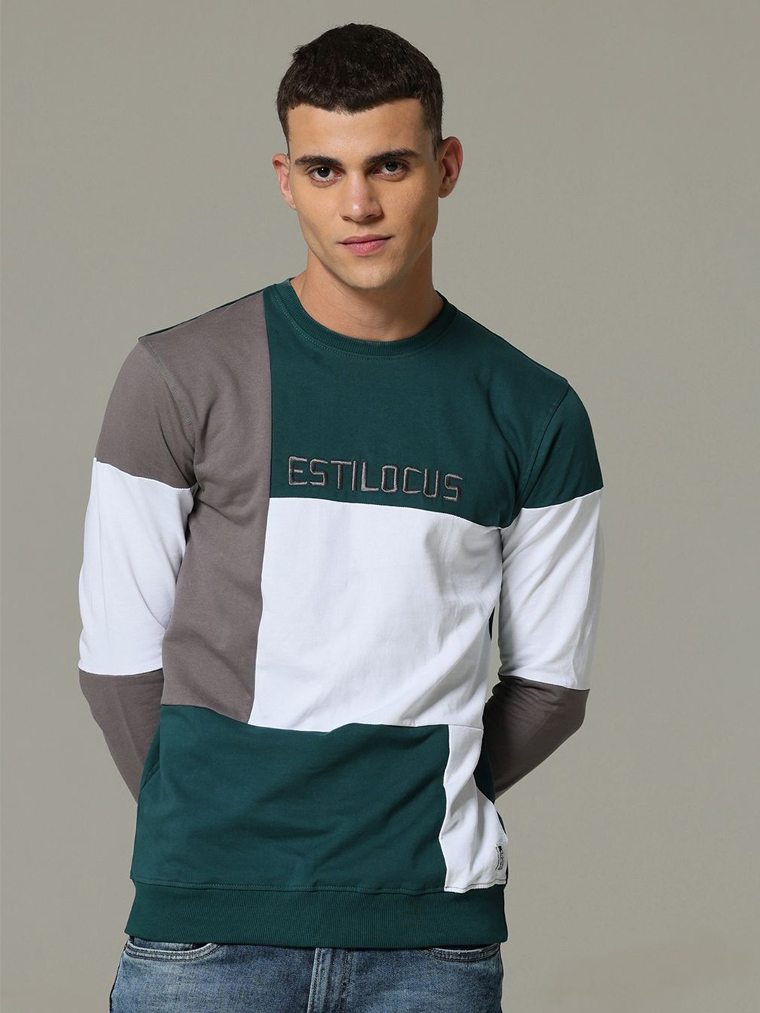 

Estilocus Men Colourblocked Cotton Sweatshirt, Teal