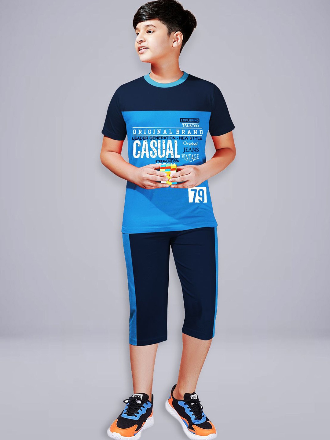 

TARSIER Boys Printed Pure Cotton T-shirt With Shorts, Blue