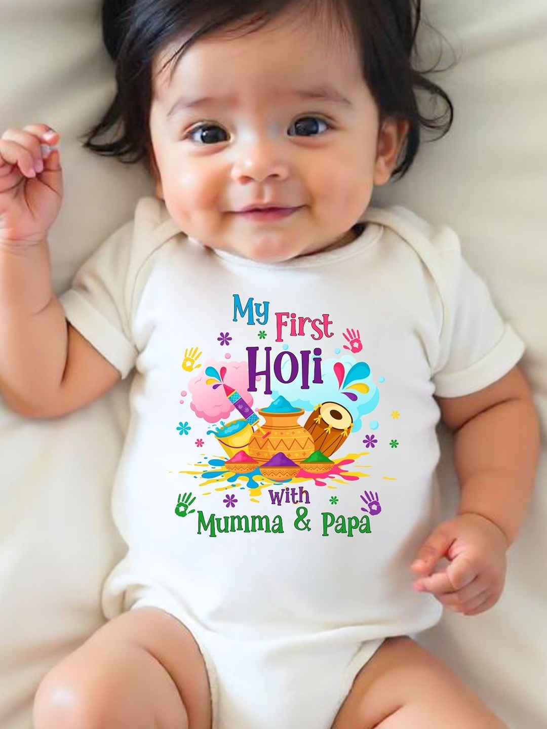 

KNITROOT Infants My First Holi With Mumma & Papa Printed Bodysuit, White