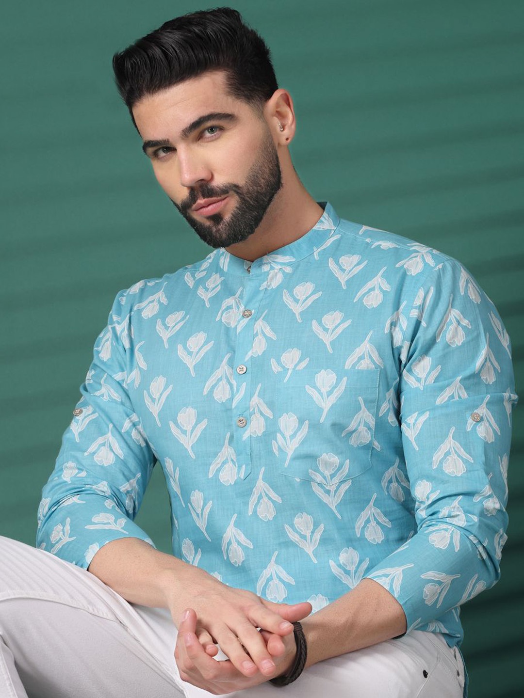 

Sangria Turquoise Blue Floral Printed Mandarin Collar Cotton Short Kurta