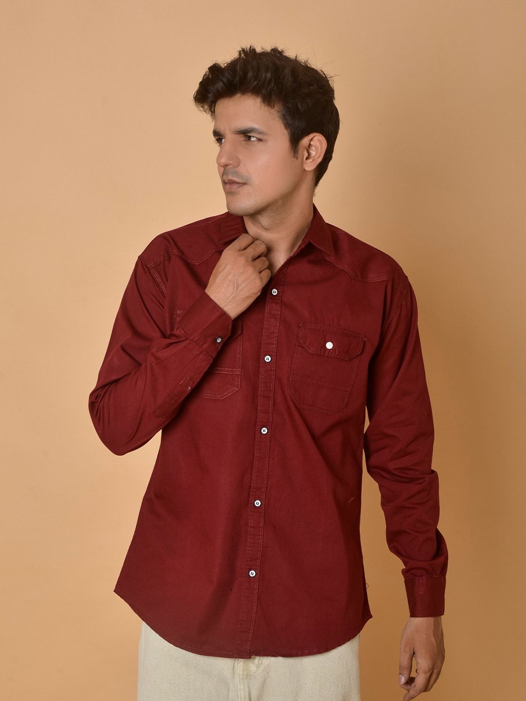 

Fesner Men Comfort Fit Spread Collar Solid Cotton Casual Shirt, Maroon