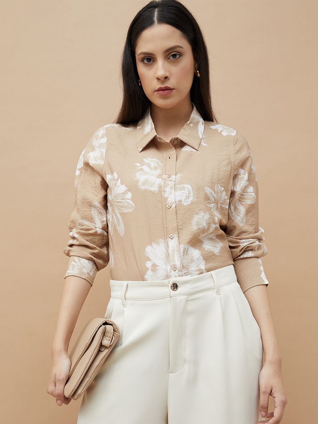 

CODE by Lifestyle Women Spread Collar Floral Printed Casual Shirt, Beige