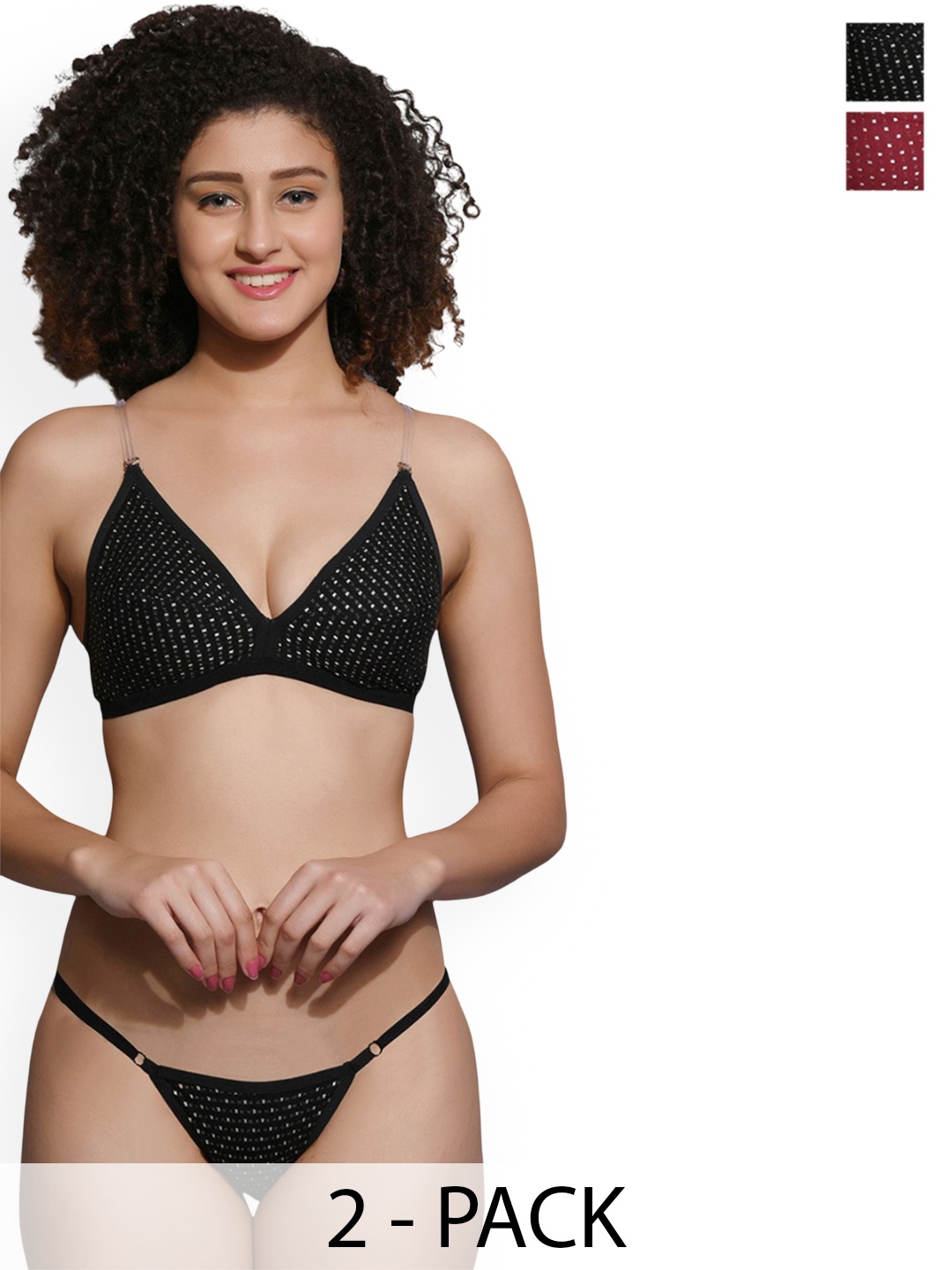 

chia fashions Women Pack Of 2 Polka Dots Printed Non Padded Lingerie Set, Maroon