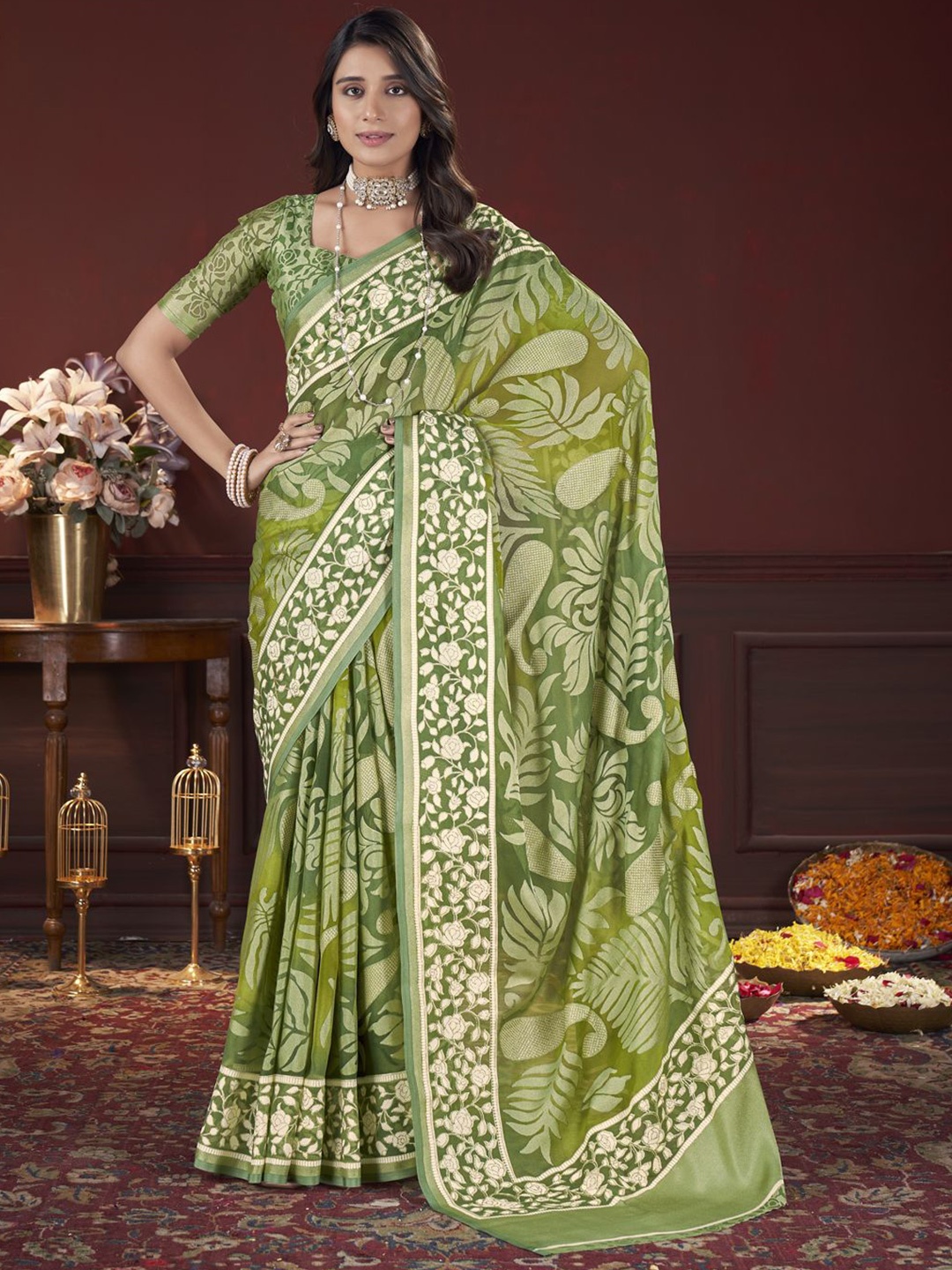 

all about you Floral Zari Brasso Saree With Blouse Piece, Green