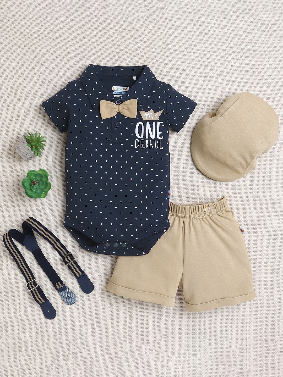 

BUMZEE Boys Pure Cotton Leotard And Shorts With Bow Suspender And Cap, Navy blue