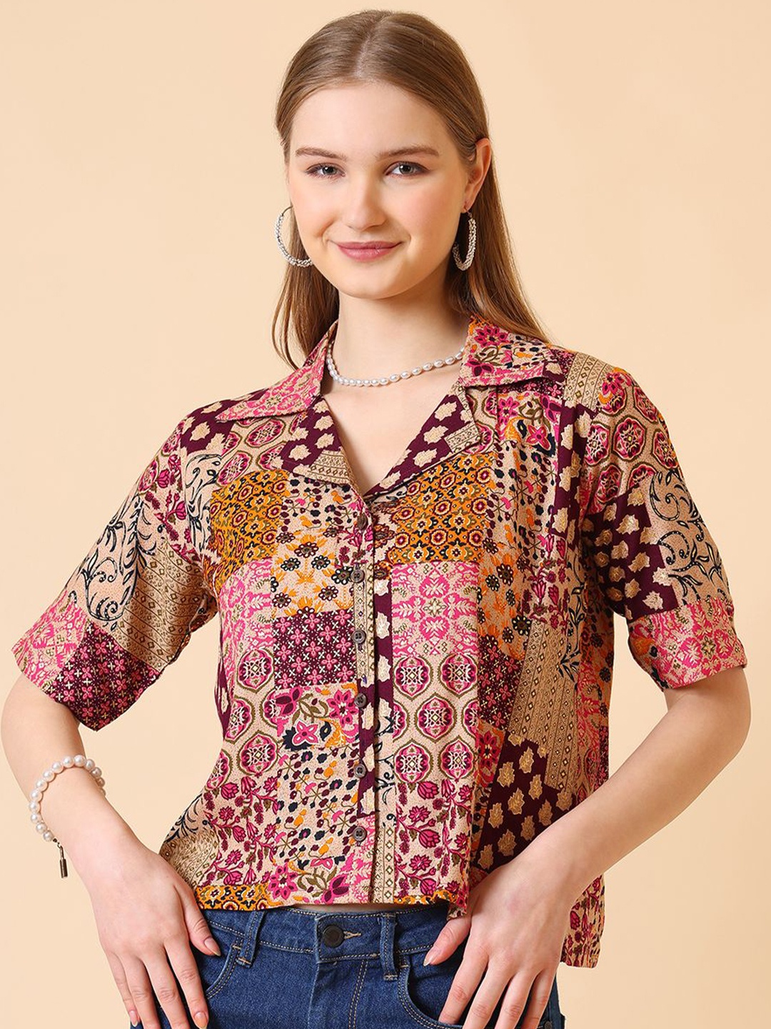 

CORSICA Ethnic Motifs Printed Shirt Style Top, Pink