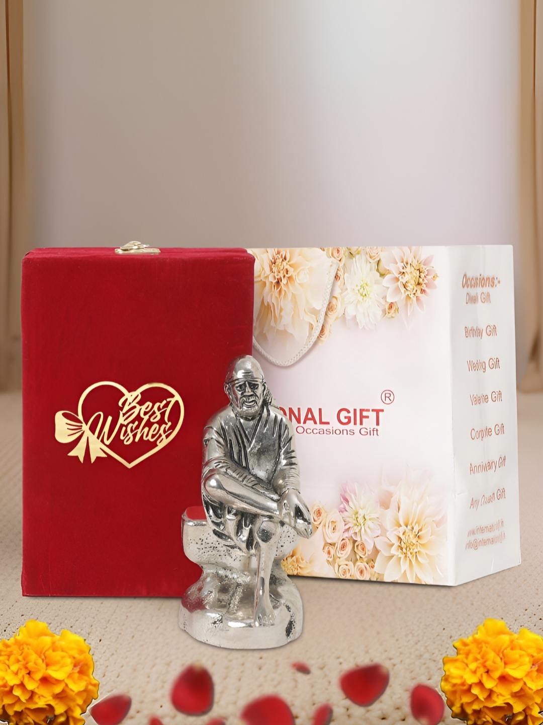 

INTERNATIONAL GIFT Silver Plated Sai Baba Idol with Velvet Box and Best Wishes Tag