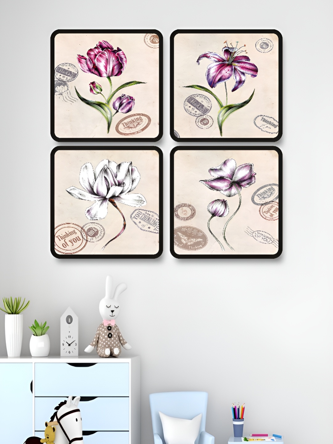 

Myntra Elegant Homes Pink & Green 4 Pieces Floral And Botanical Printed Wood Wall Art