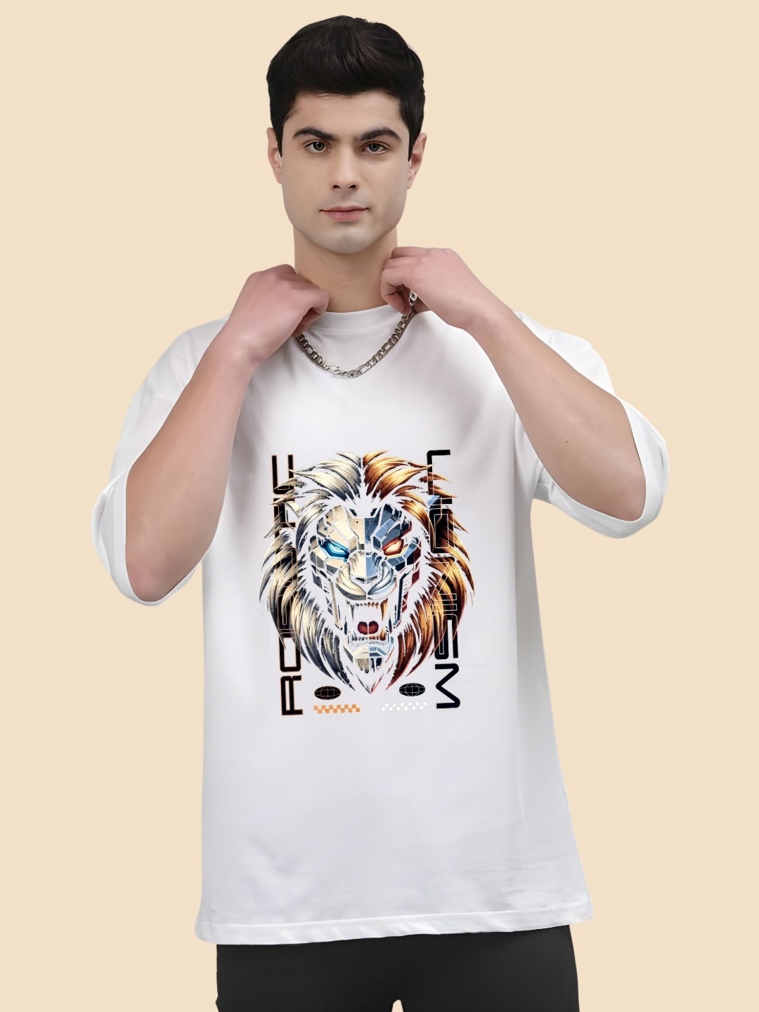 

SZN Men Graphic Printed Round Neck Cotton Oversized T-shirt, White
