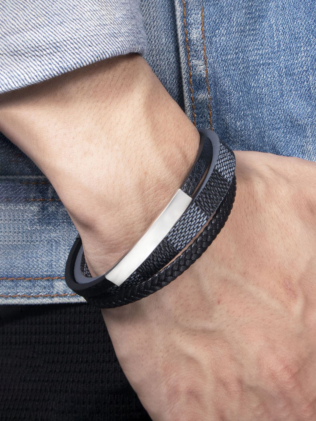 

Jewels Galaxy Men Leather Silver-Plated Layered Wraparound Bracelet, Black