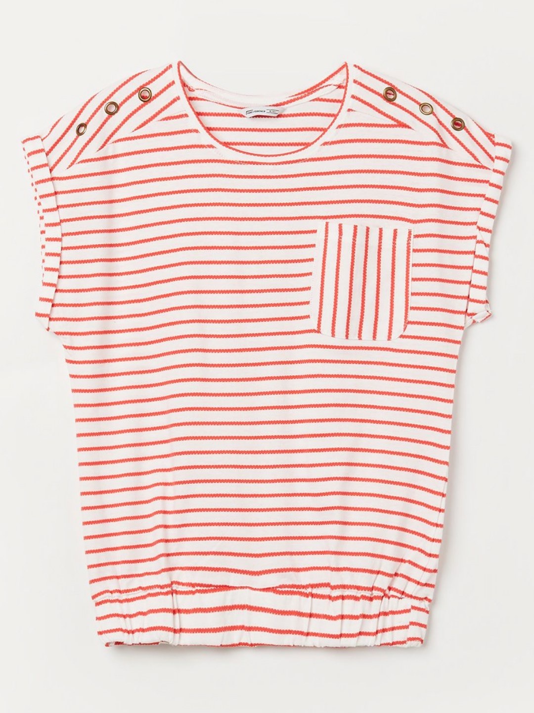 

Fame Forever by Lifestyle Girls Striped Roll-Up Sleeves Pure Cotton T-shirt, Coral