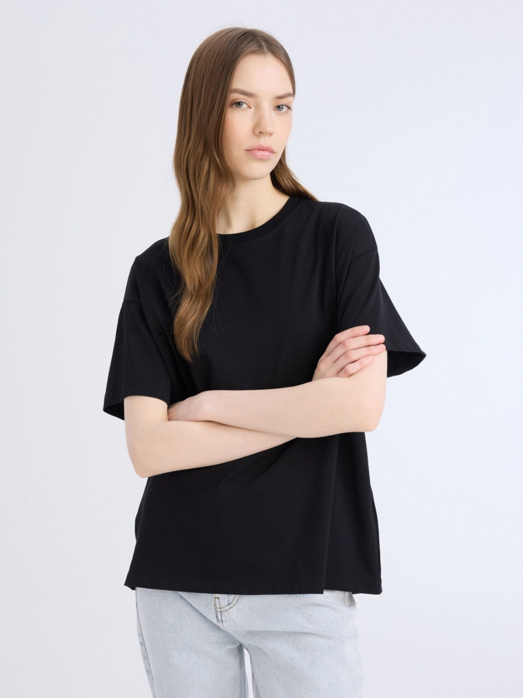 

DeFacto Women Solid Round Neck Cotton T-shirt, Black