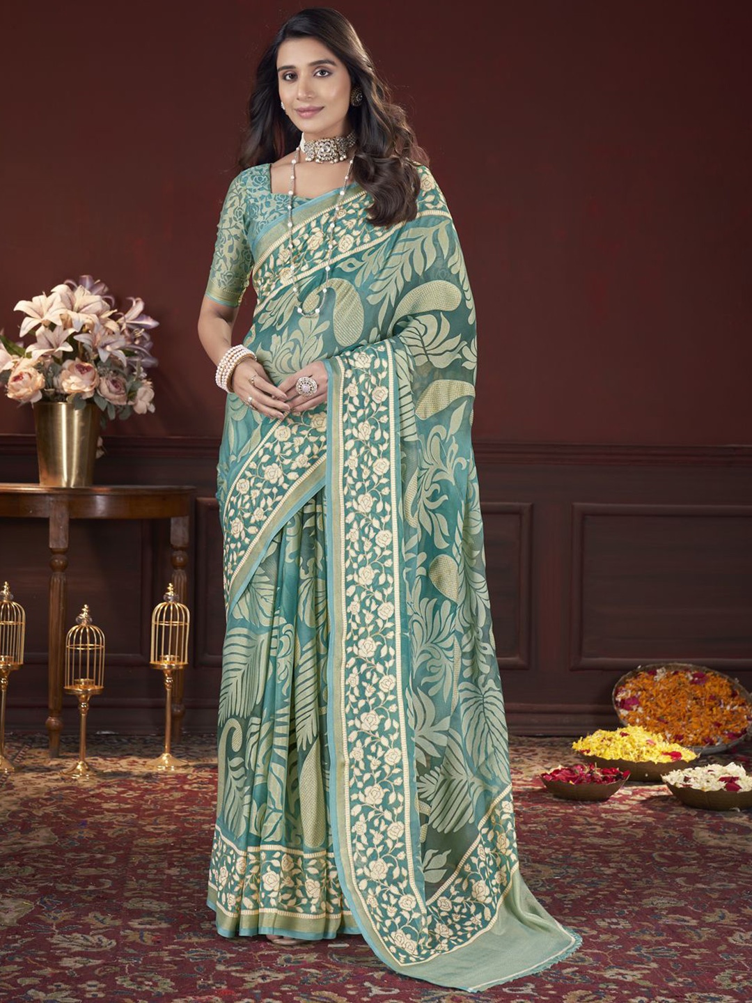 

all about you Floral Printed Zari Brasso Saree, Sea green