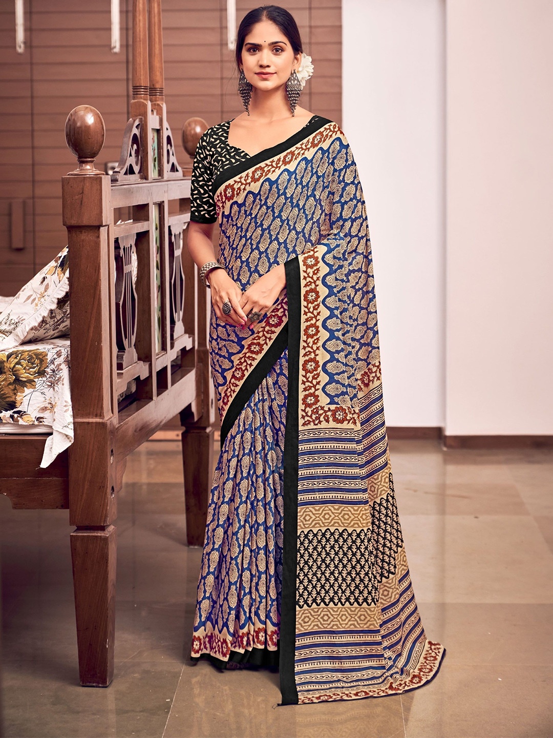 

Moda Rapido Floral Pure Cotton Bagru Saree, Blue