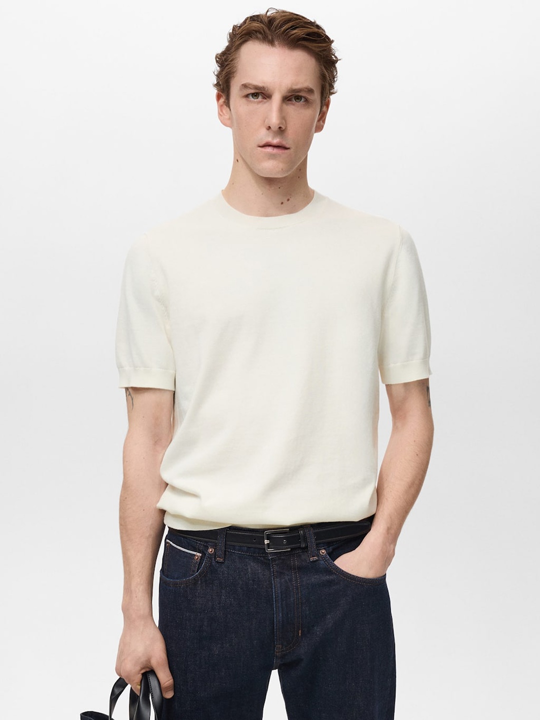 

MANGO MAN Pure Cotton Knitted T-shirt, Off white
