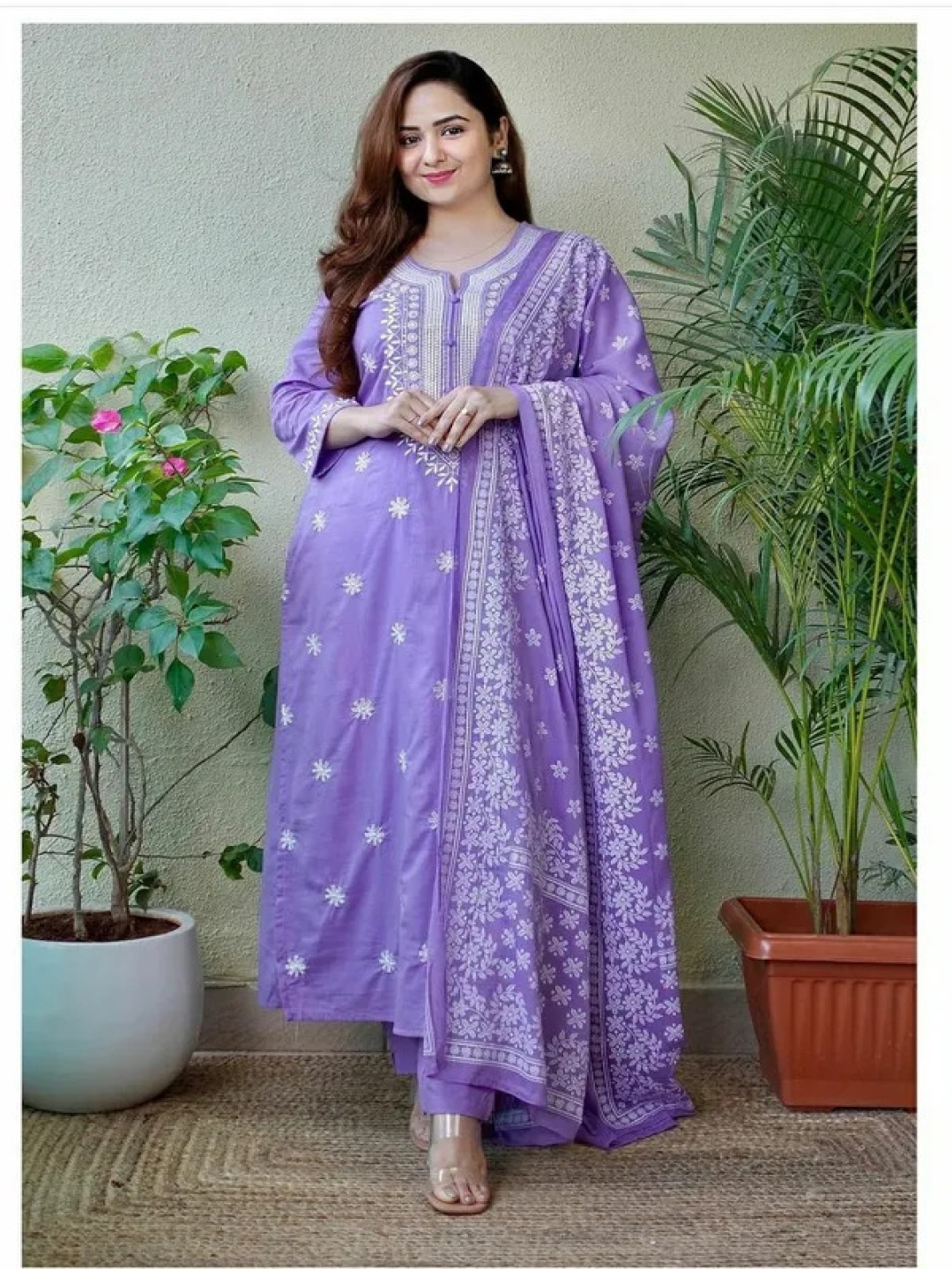 

choiceit Floral Embroidered Thread Work Straight Kurta With Trouser And Dupatta, Purple