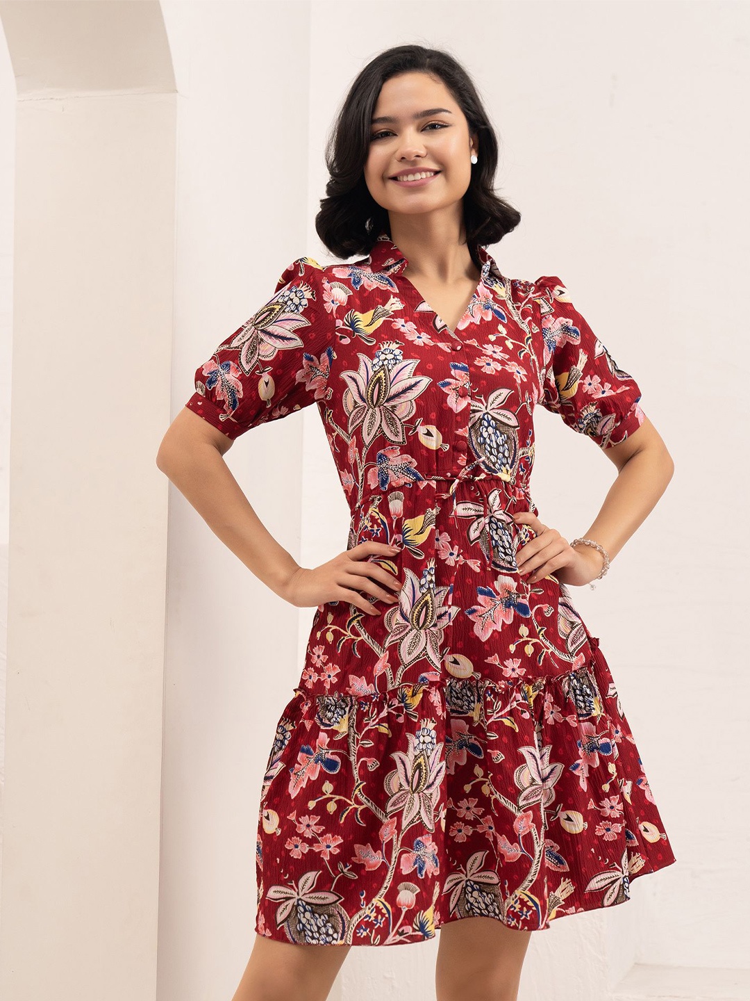 

AASK Floral Print Crepe Fit & Flare Dress, Maroon