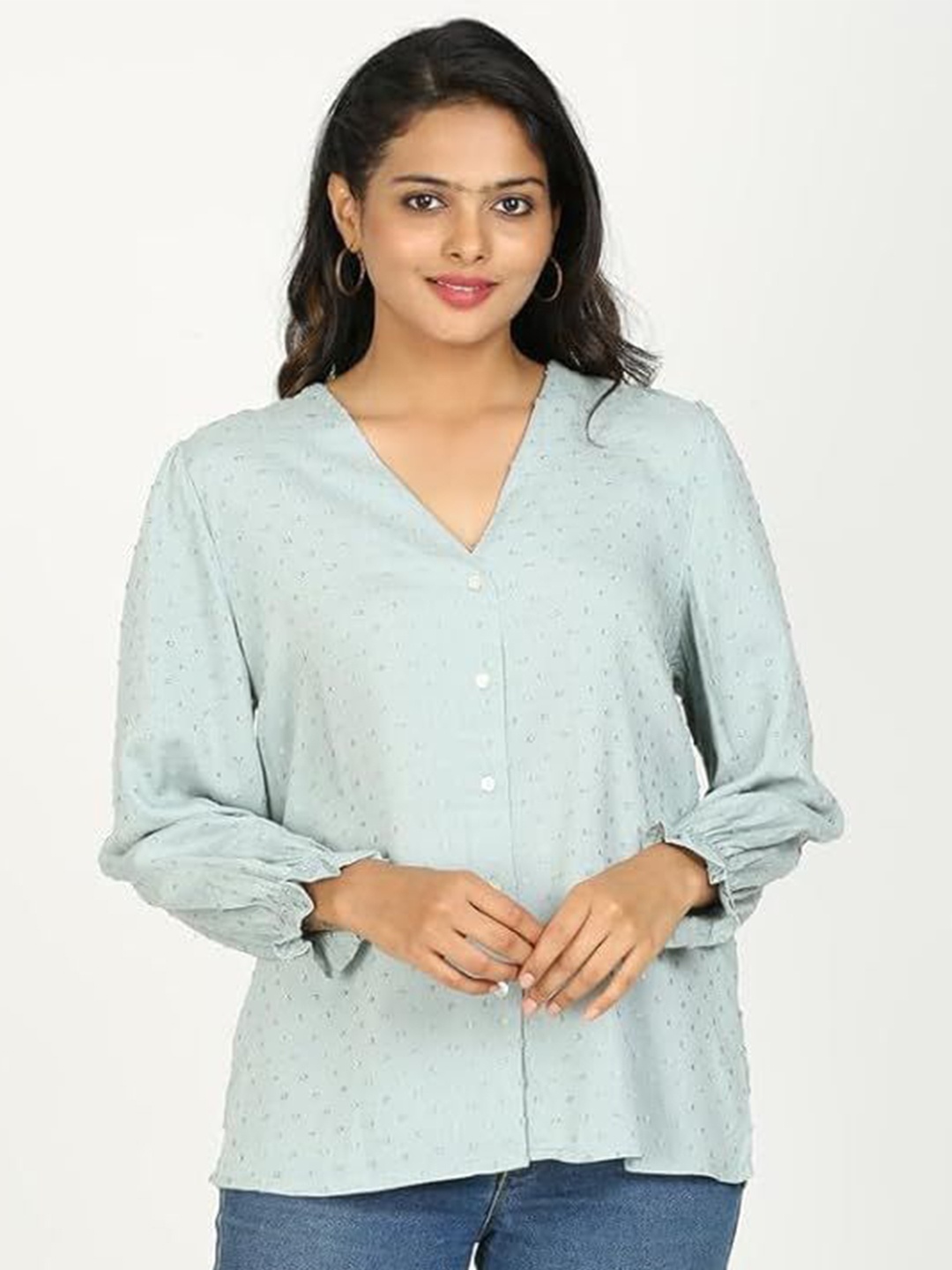 

GLAM & CHIQUE Women Self Design Puff Sleeve Top, Green