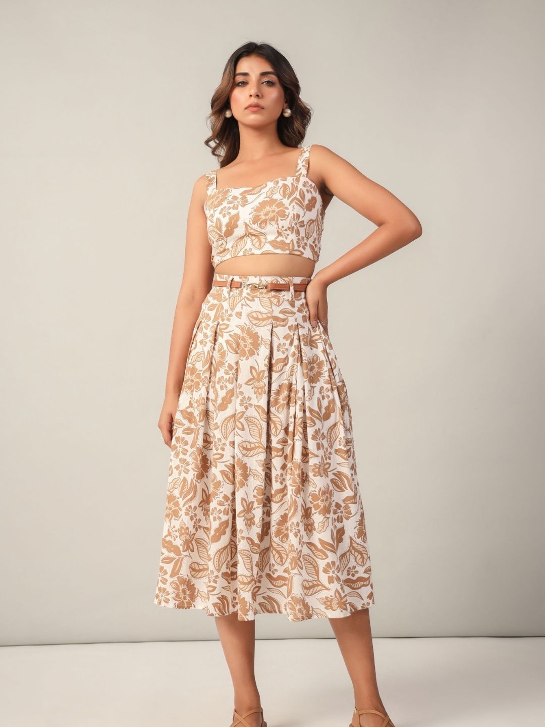 

June 9 Clothing Floral Printed Shoulder Straps Linen Top And Skirt, Brown