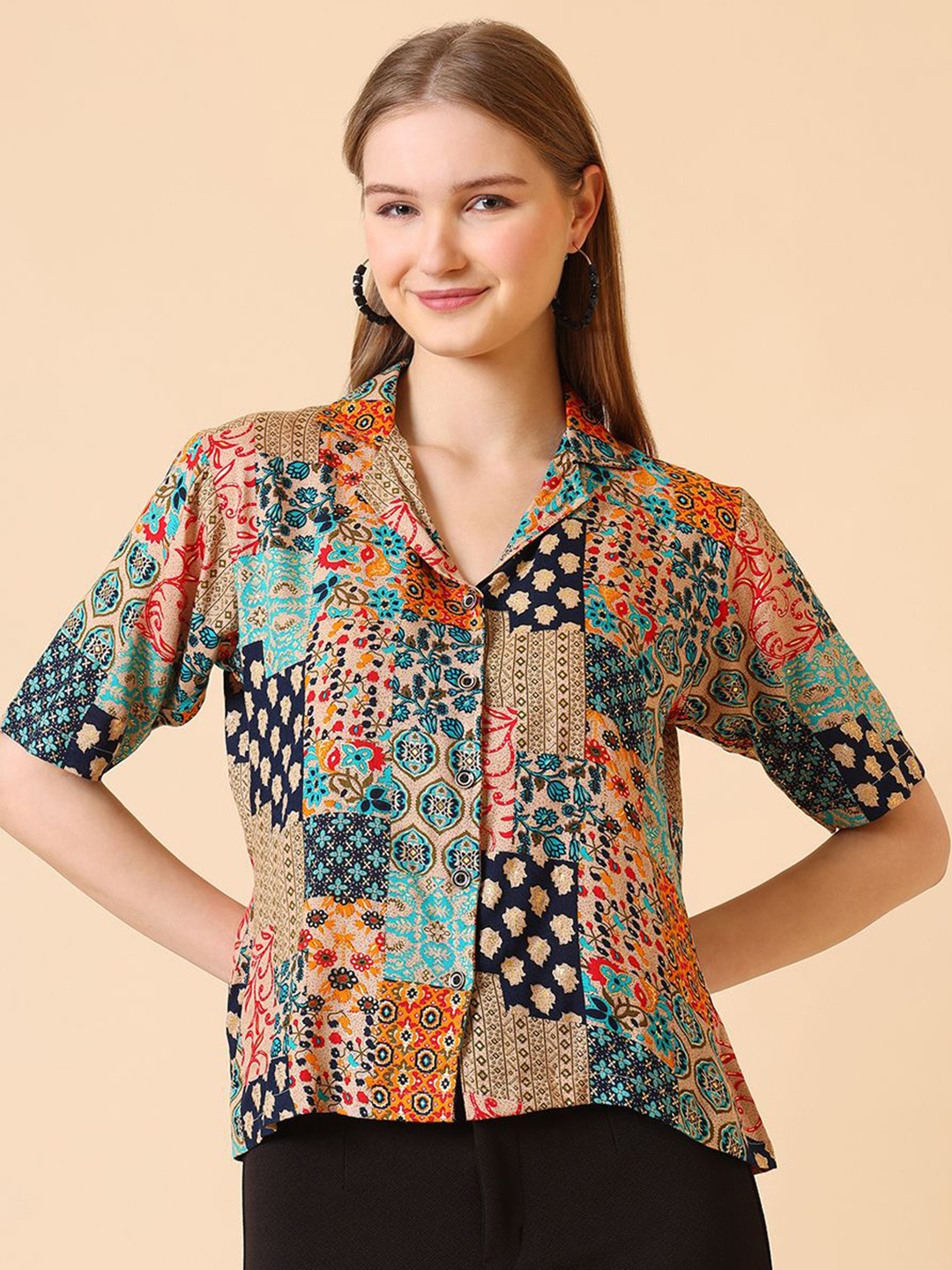 

CORSICA Lapel Collar Printed Shirt Style Top, Brown
