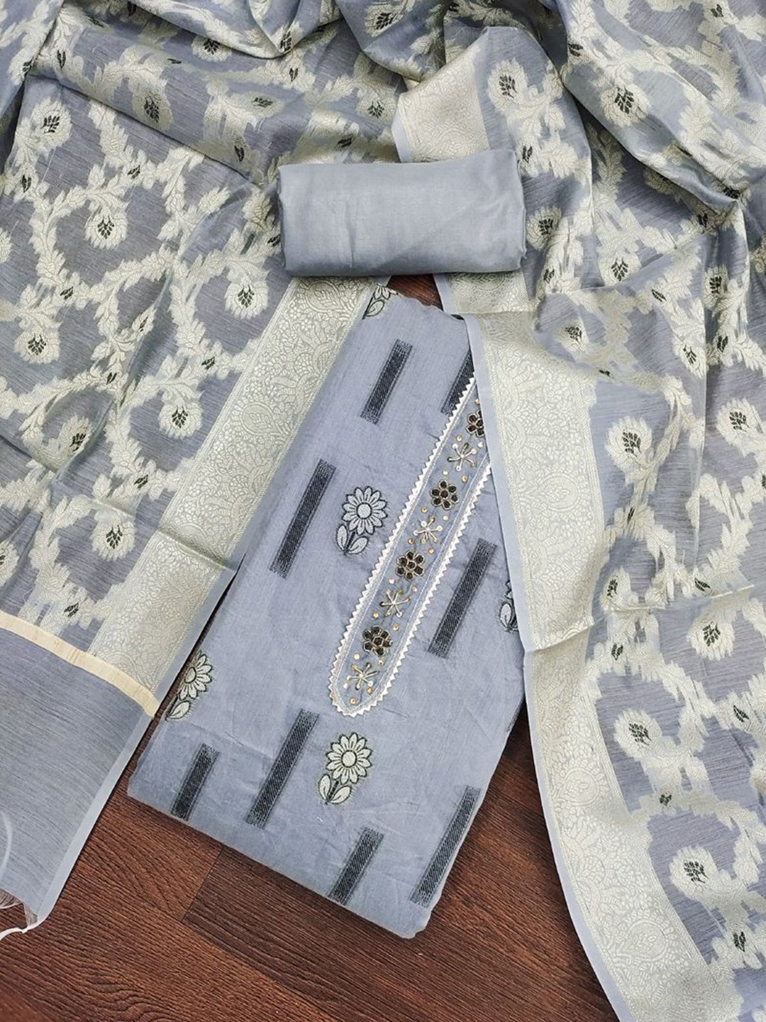 

ASISA Floral Printed Stones And Beads Unstitched Dress Material, Grey