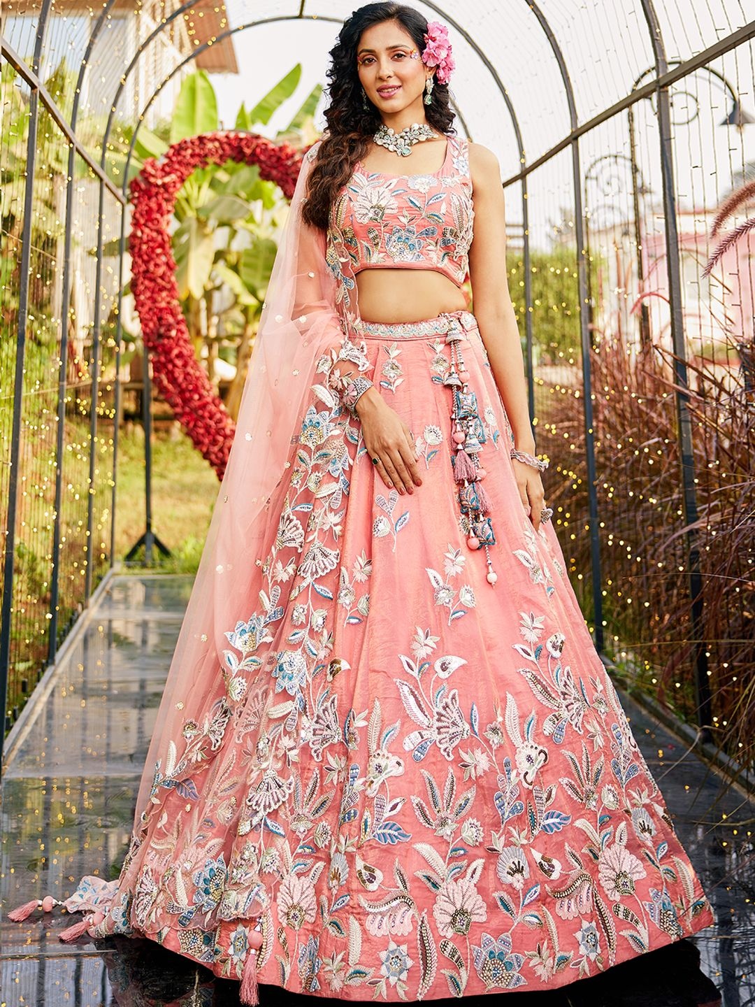 

panchhi Embroidered Sequinned Semi-Stitched Lehenga & Unstitched Blouse With Dupatta, Orange