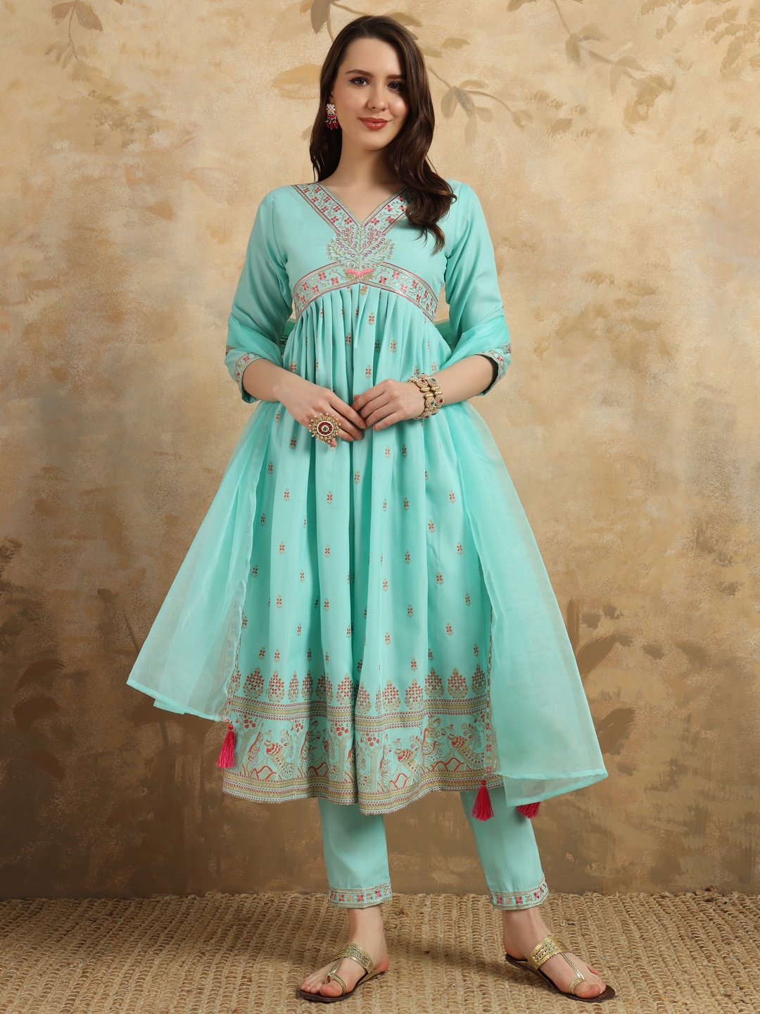 

choiceit Floral Embroidered V Neck Sequinned Empire Kurta With Trouser And Dupatta, Blue