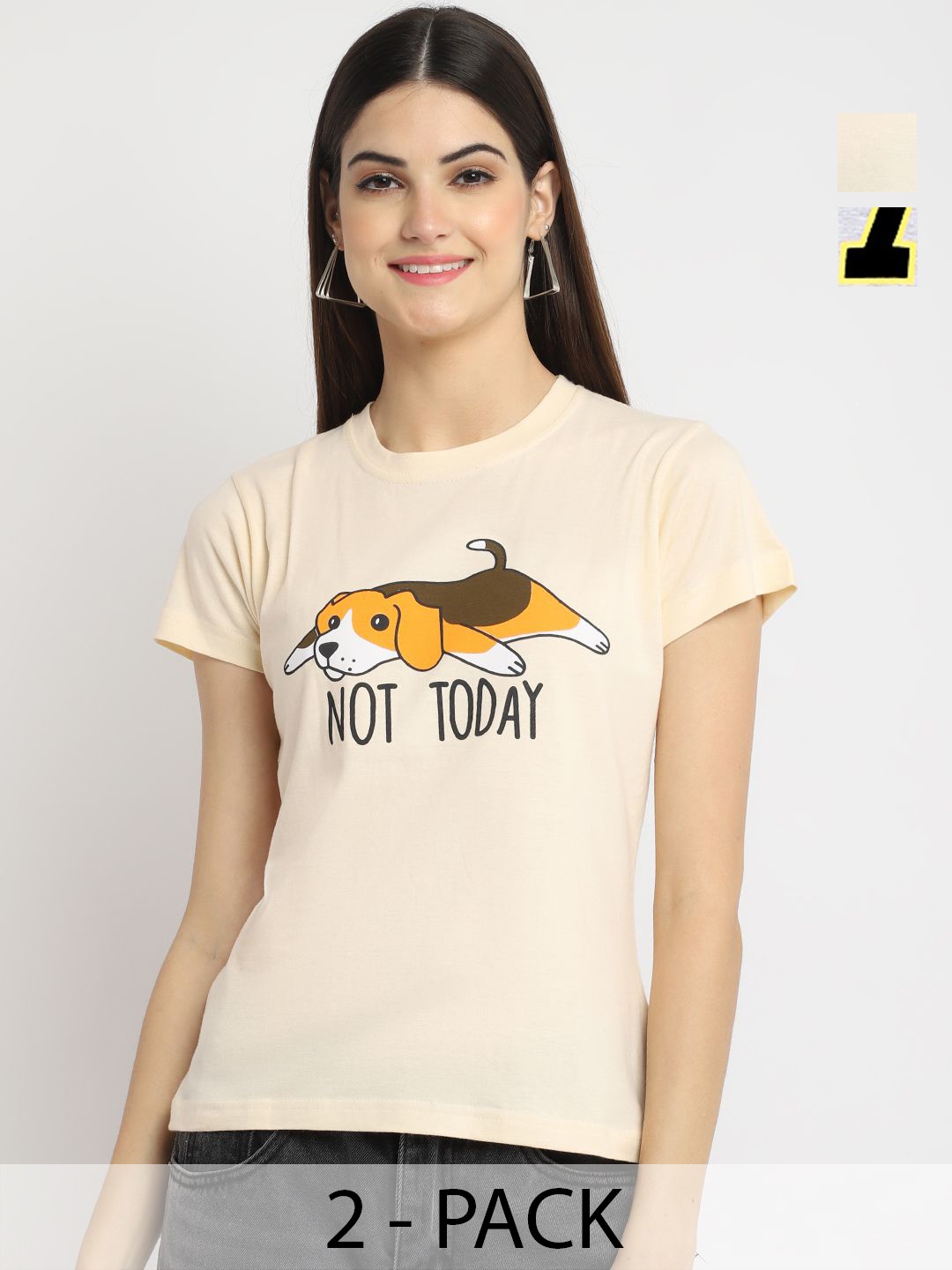 

Dreambe Women Pack Of 2 Graphic Printed Round Neck Cotton T-shirts, Cream