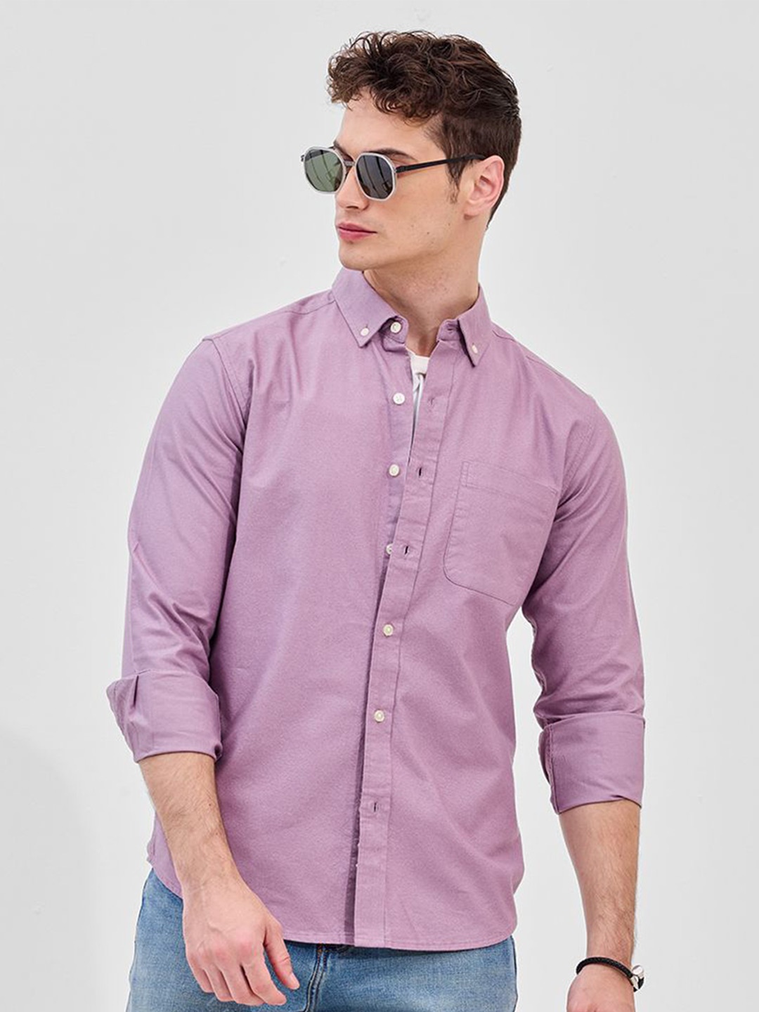 

Snitch Men Classic Fit Button-Down Collar Solid Cotton Formal Shirt, Lavender