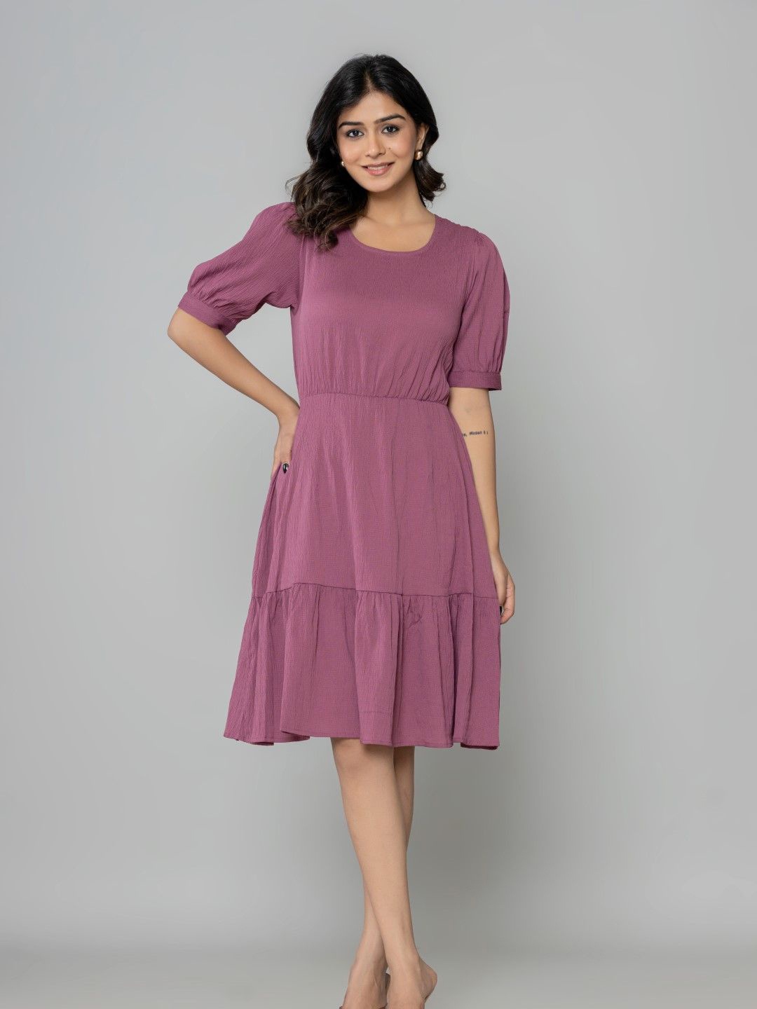 

Aanys Culture Women Puff Sleeves Fit & Flare Dress, Nude