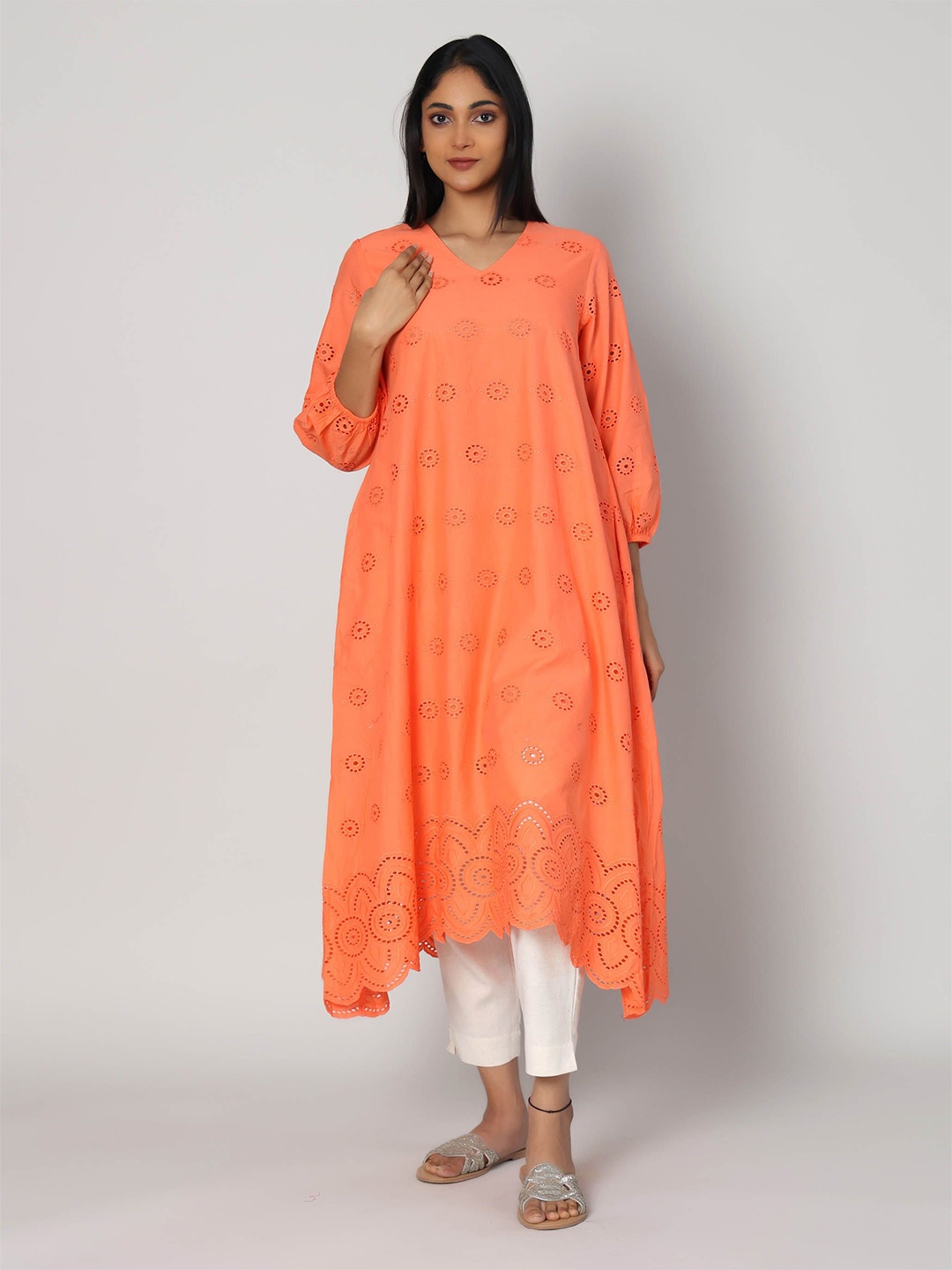 

Hassu's Print A-Line Maxi V Neck Puff Sleeves Dress, Orange