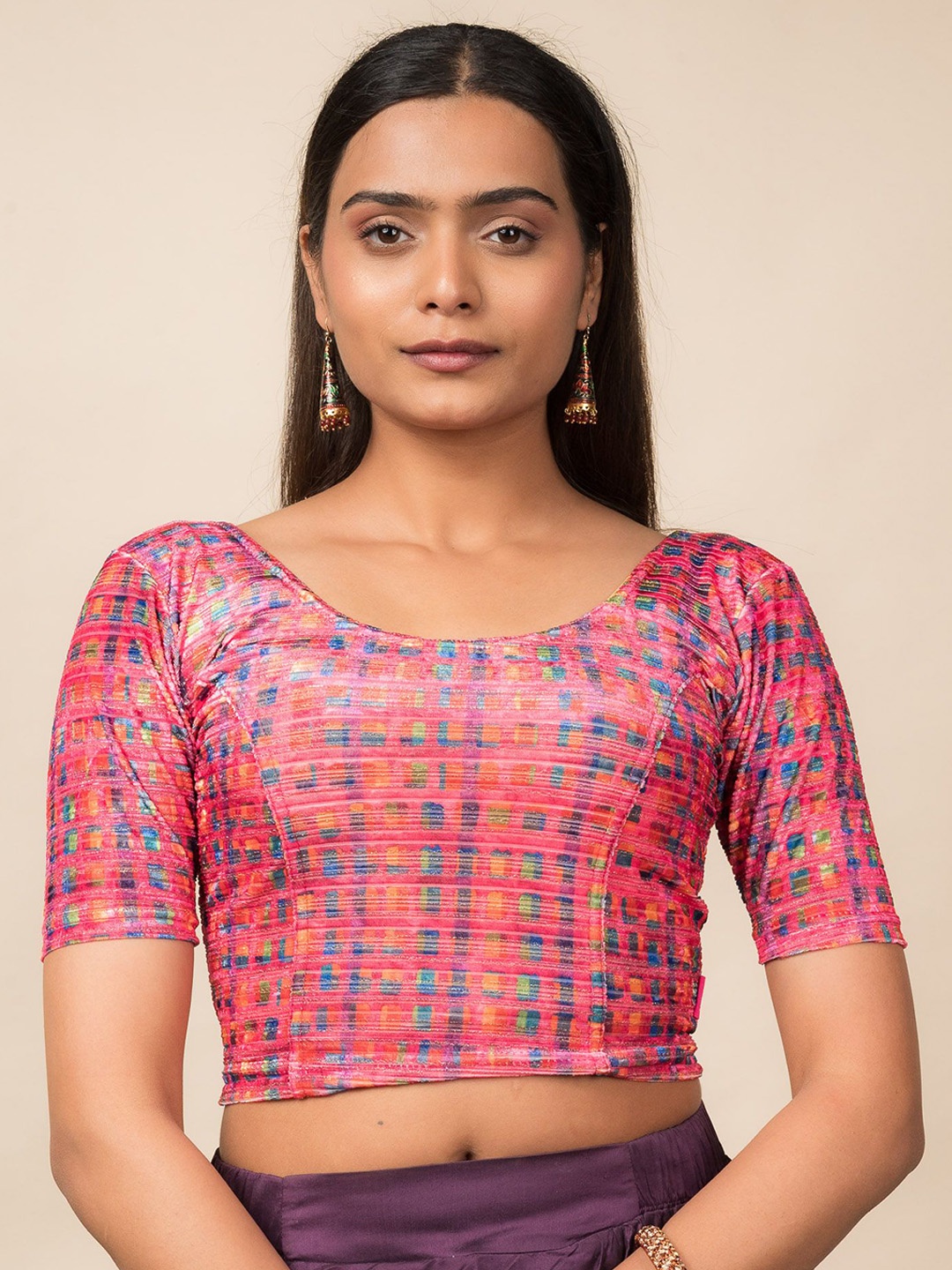 

Bindigasm's Advi Printed Round Neck Saree Blouse, Pink