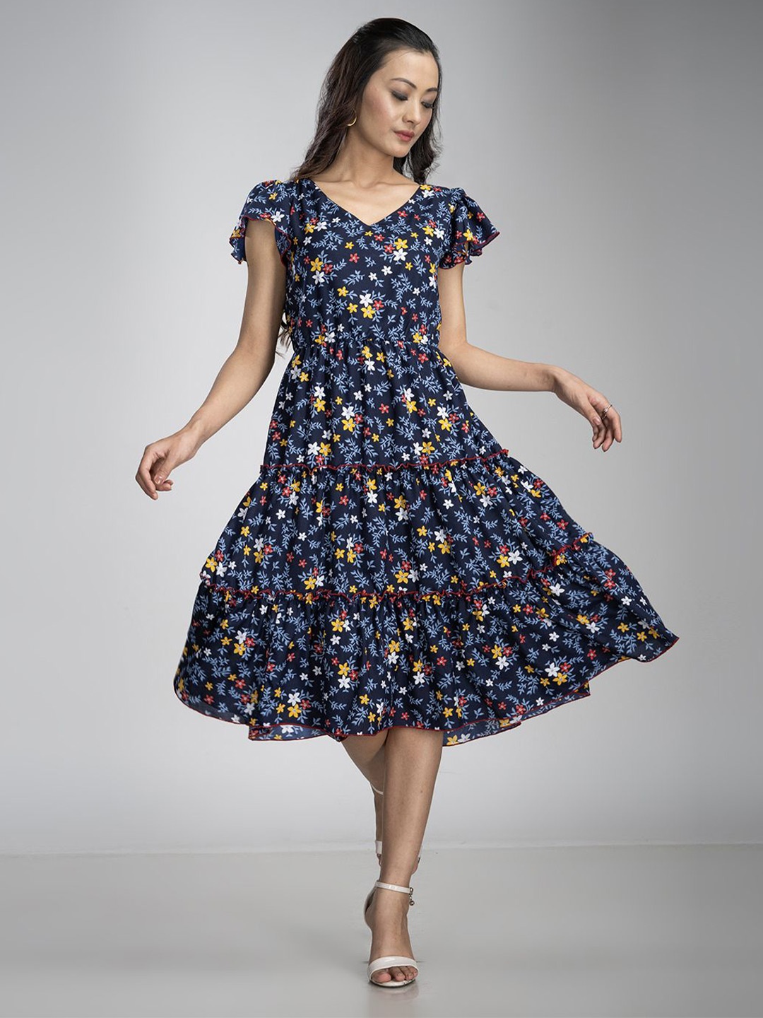 

KRISS-CROX Floral Print Flared Sleeve Fit & Flare Dress, Navy blue