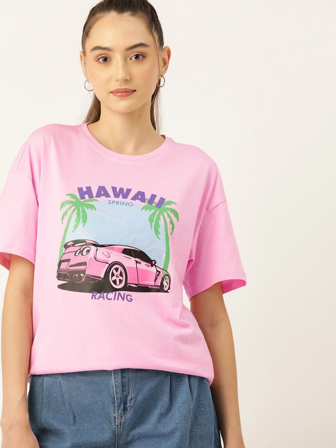

DressBerry Women Graphic Printed Round Neck Cotton Oversized T-shirt, Pink