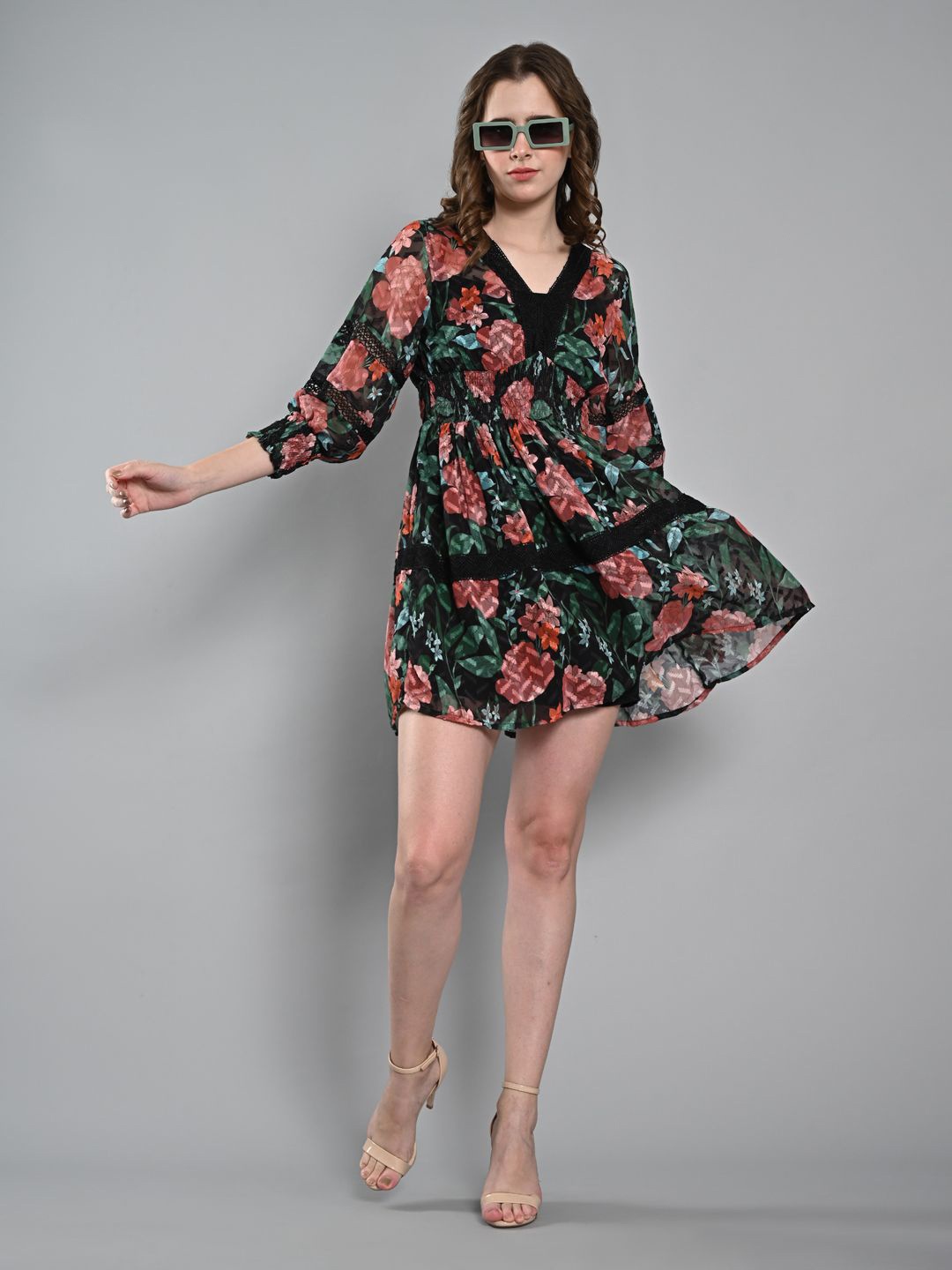 

IZEL Women Floral Print Mini Dress, Black