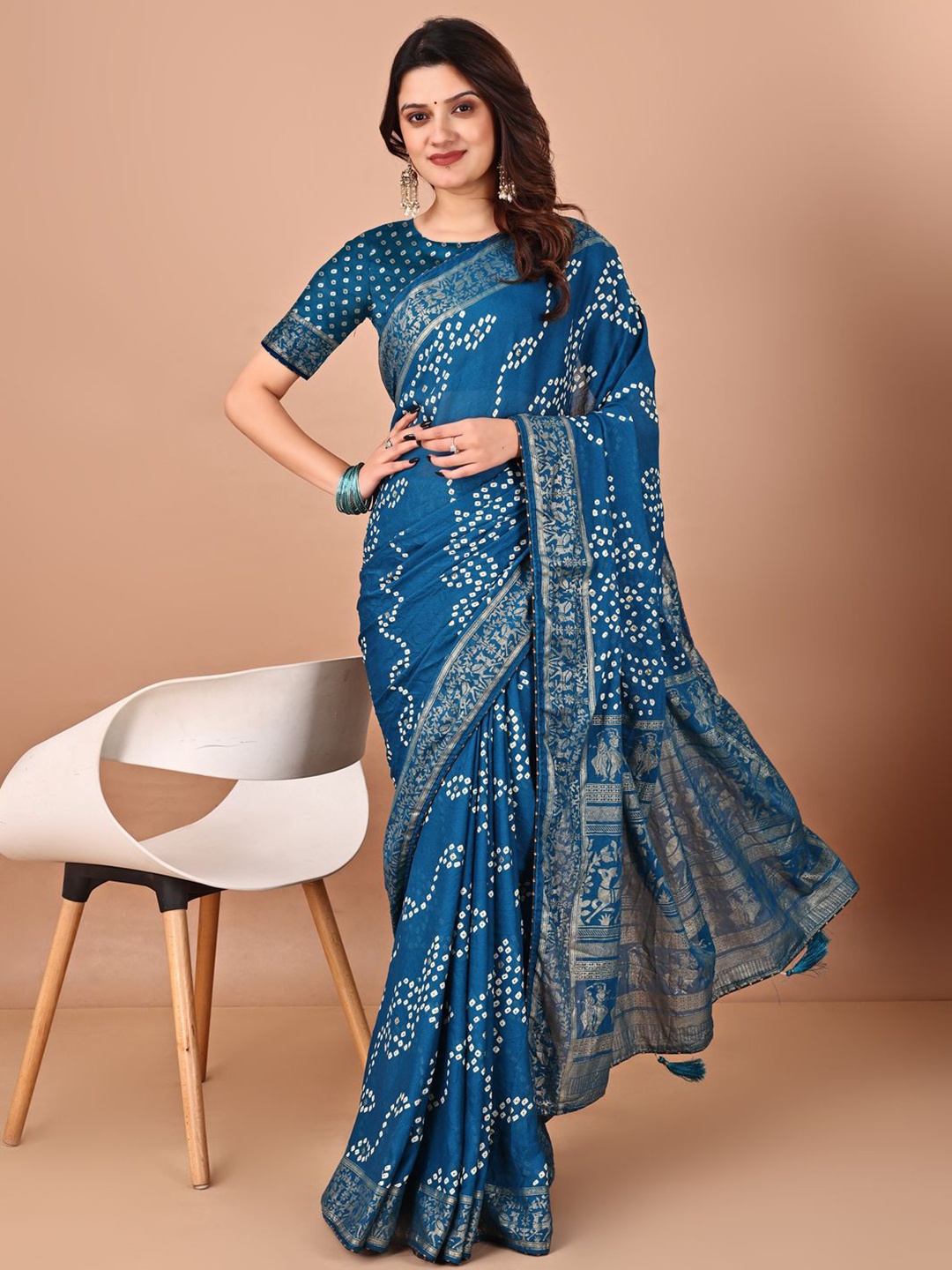 

LeeliPeeri Designer Bandhani Saree With Unstitched Blouse Piece, Blue