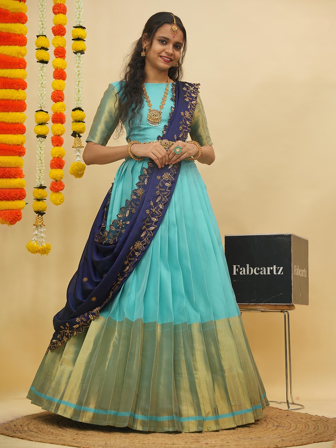 

Fabcartz Semi-Stitched Zari Lehenga & Unstitched Blouse With Dupatta, Sea green