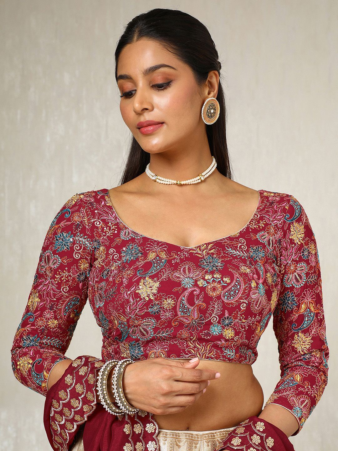 

Soch Embroidered Sweetheart Neck Saree Blouse, Maroon