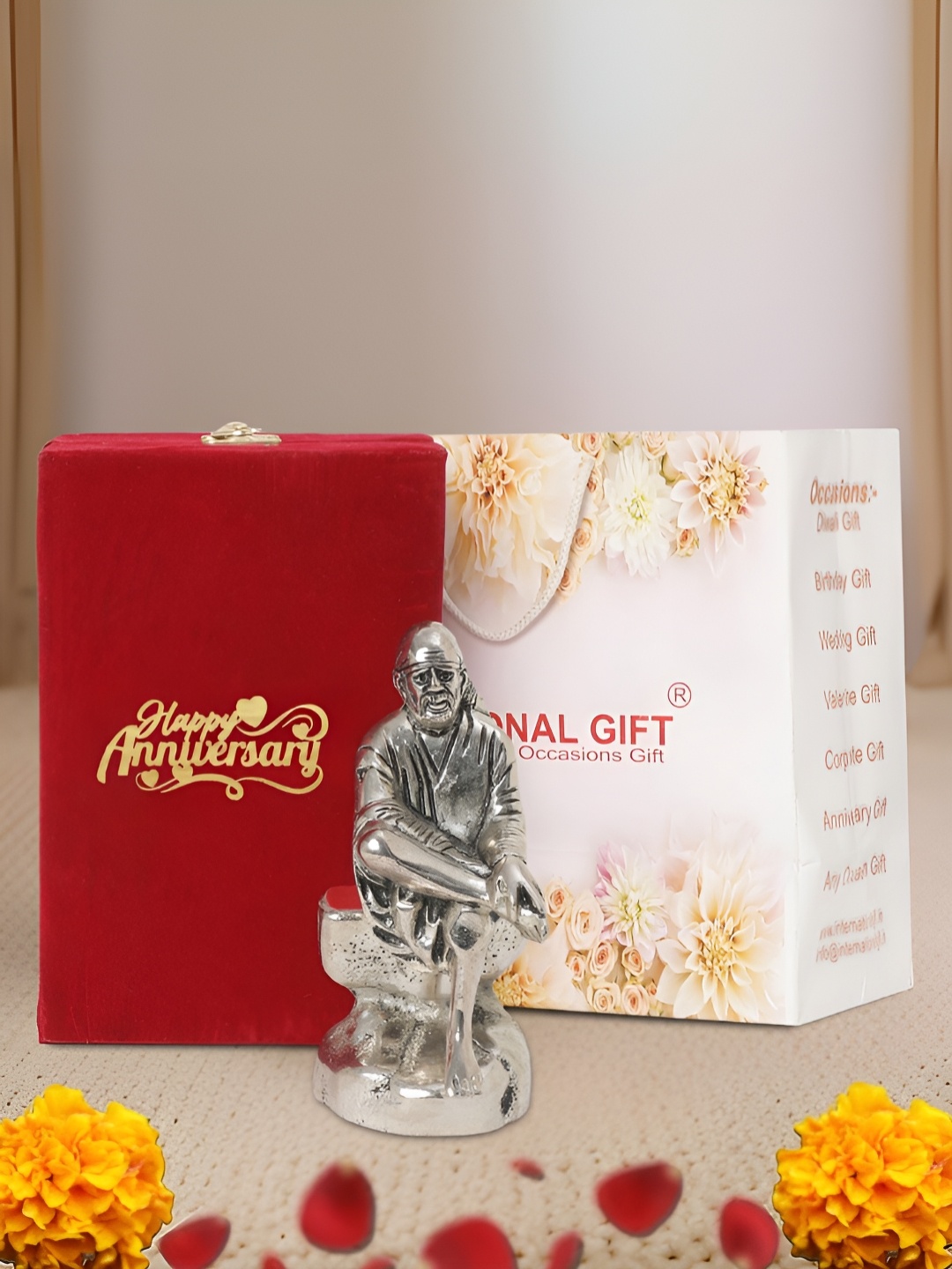 

INTERNATIONAL GIFT Silver Plated Sai Baba Idol with Box and Happy Anniversary Tag