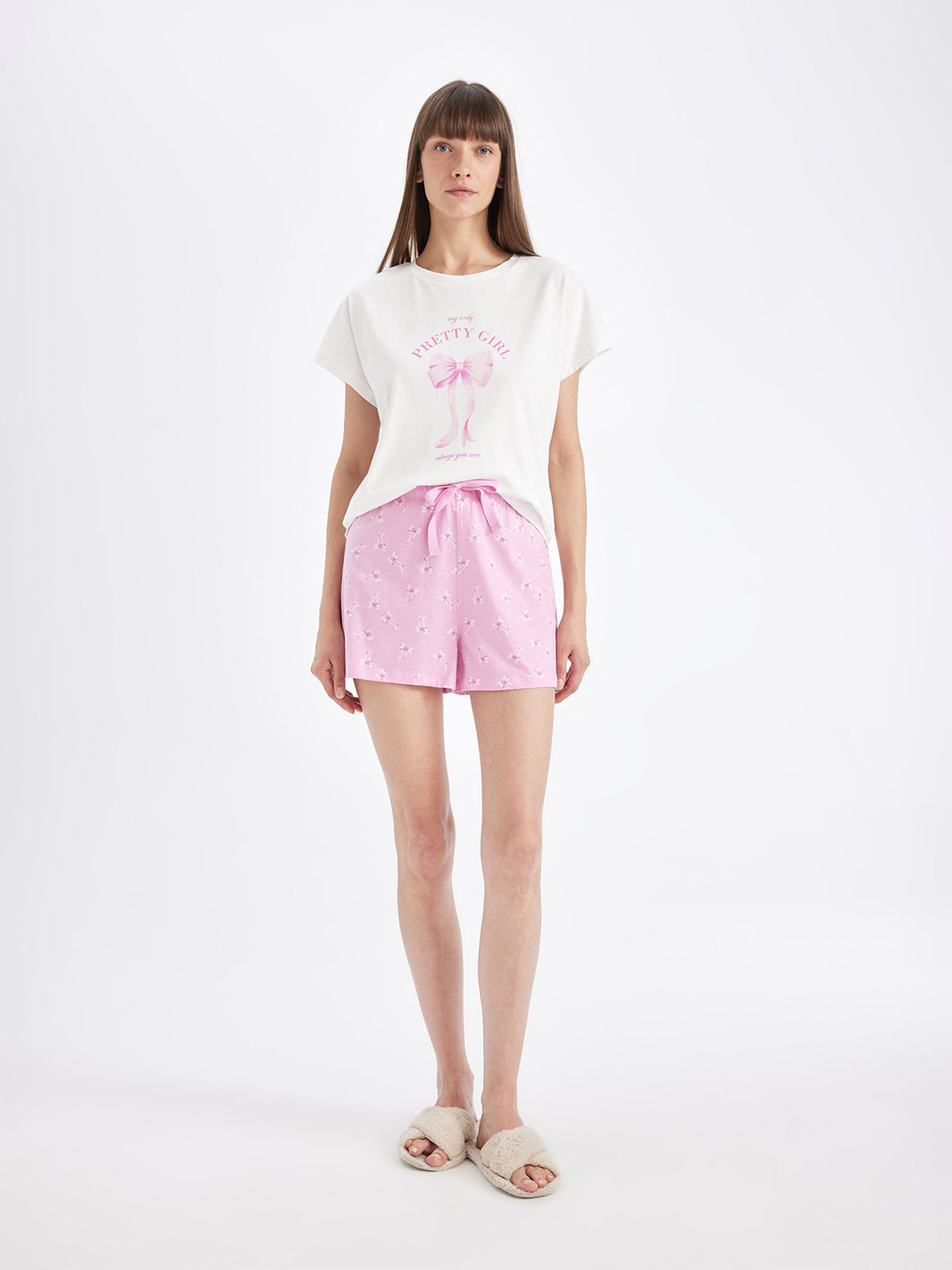 

DeFacto Printed Round Neck Pure Cotton T-shirt With Shorts, White
