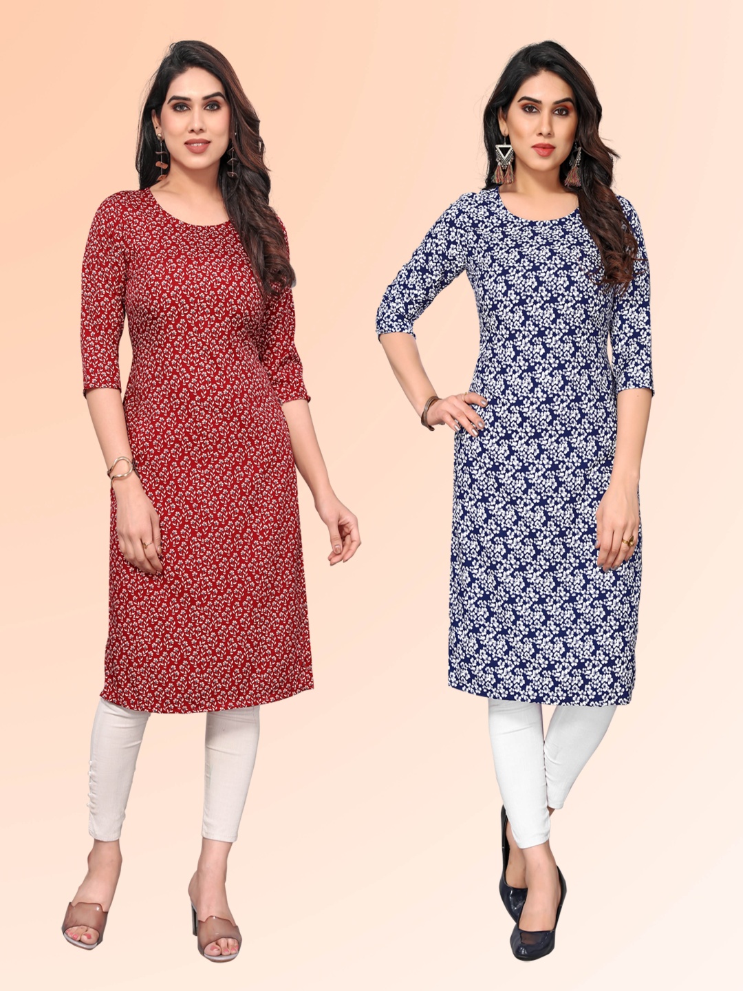 

KETAKI FASHION Selection Of 2 Floral Printed Round Neck Straight Kurtas, Red