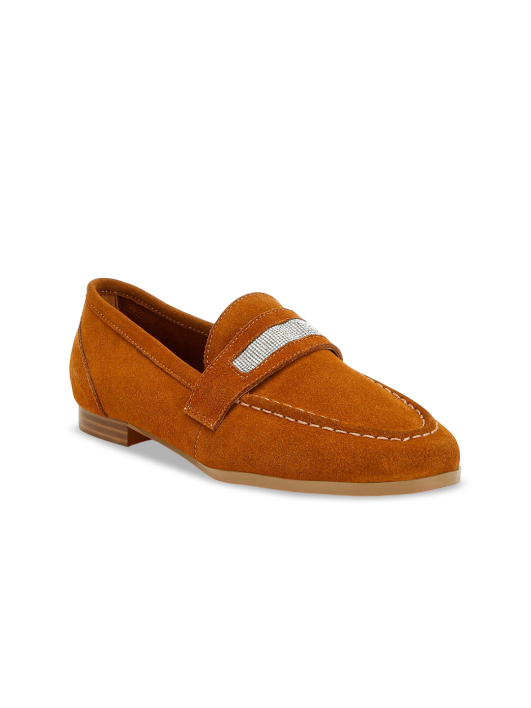 

RAG & CO Women Rhinestone Penny Strap Velvet Loafers, Tan