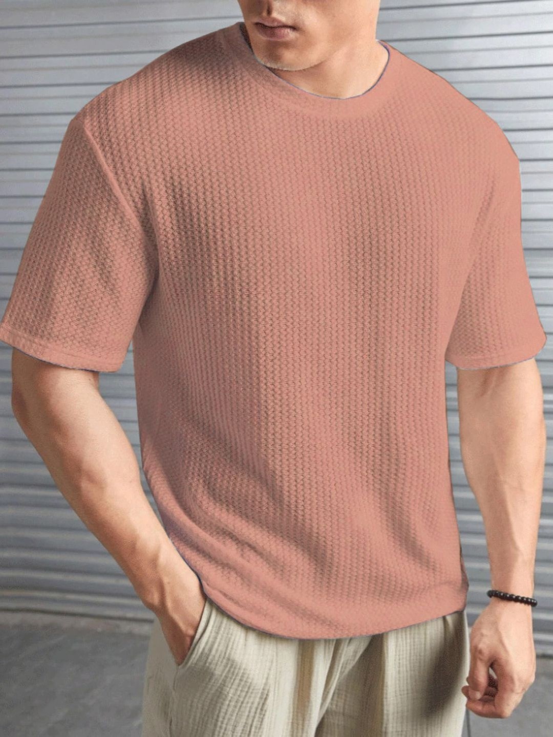 

MERRIMENT Men Self Design Round Neck T-shirt, Peach