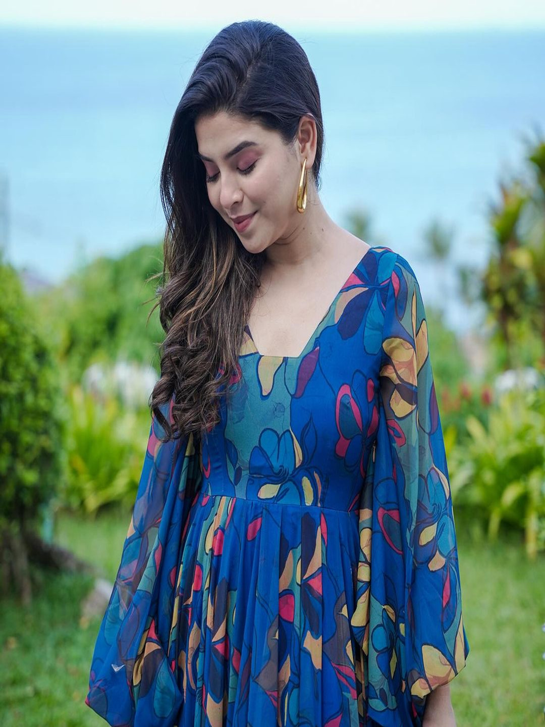 

choiceit Floral Printed Square Neck Bishop Sleeve Georgette Fit & Flare Maxi Dress, Blue