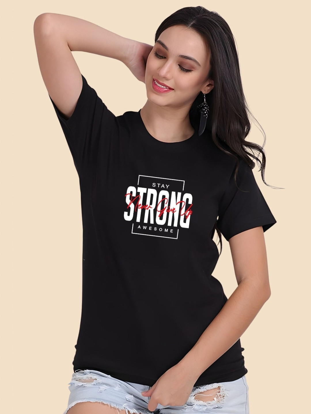 

SZN Women Typography Printed Round Neck Cotton T-shirt, Black