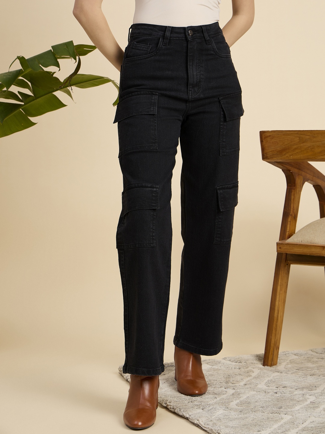 

Mast & Harbour Women Classic Straight Fit High-Rise Stretchable Jeans, Black