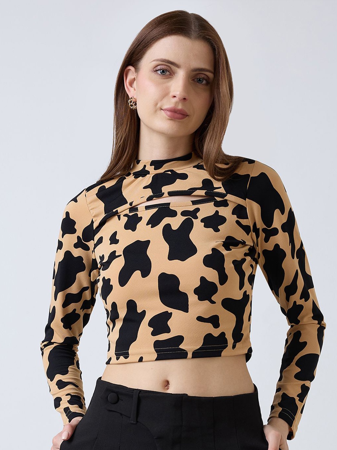 

SZN Animal Printed High Neck Crop Top, Beige